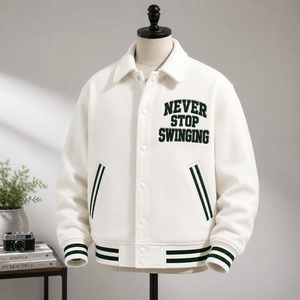Chaqueta Varsity Blanca de Alta Calidad para Hombre, Bordada con 'Never Stop Swinging', Estilo Preppy, de Algodón, para Otoño - Product Image 3