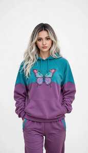 Ensemble de survêtement sportif respirant 2 en 1 pour femmes, sweat-shirt à capuche et pantalon, couleur bleu turquoise et violet, imprimé papillon, été - Product Image 1
