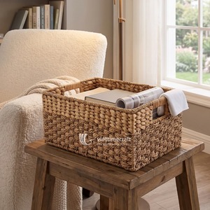 Water Hyacinth Woven Eco-Friendly Storage <b>Basket</b> <b>Rectangular</b> Wicker Organizer with Handles for Bathroom Kitchen Living Room Gift - Product Image 3