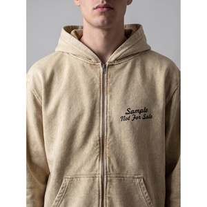Sudadera con capucha de algodón grueso beige con lavado ácido para hombre, estilo streetwear, con cremallera completa, gráfico, de forro polar, venta al por mayor, vintage, desgastada - Product Image 3