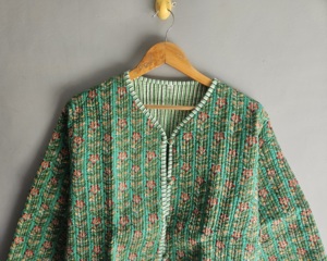 <b>Quilted</b> Floral <b>Jacket</b> Women's Cotton V-Neck Three Quarter Sleeve Spring Coat With Button Closure Green <b>Patterned</b> Design gift - Product Image 2
