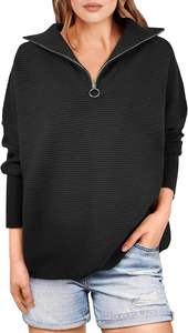Pull à col zippé pour femme, tricot côtelé doux, coupe ample, manches longues, haut décontracté pour l'automne et l'hiver, vente en gros personnalisée - Product Image 4