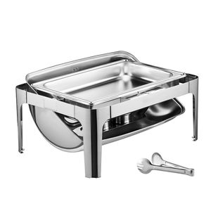 Scaldavivande Rettangolare Professionale da 9 Qt in Acciaio Inossidabile con Coperchio Roll-Top e Controllo Manuale della Temperatura, Include 2 Vaschette da Mezza Misura per Buffet e Catering - Product Image 1
