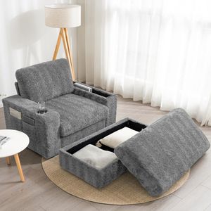 Chaise longue da interno extra large da 42 pollici con divano letto in finta pelliccia di coniglio, poggiapiedi contenitore, braccioli e portabicchieri imbottiti SL - Product Image 4