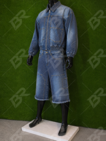 Ensemble veste bomber en jean bleu délavé, style vintage, effet usé, zippé, court, sans manches, uni, pour automne-hiver, vêtement d'extérieur décontracté, streetwear