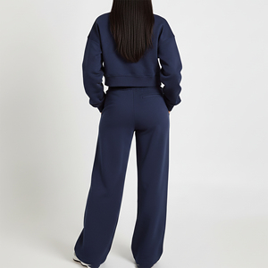 2026 New Arrived Casual Wear Two Piece Crop Top Zipper Hoodie & Baggy Joggers Set Fashionable Breathable Solid Color Sweat suits - Product Image 3