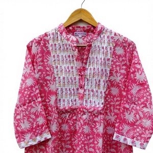 Túnica de algodón con estampado de bloque de mano para mujer, Top de manga corta de algodón con estampado Floral, ropa de playa para otoño - Product Image 1