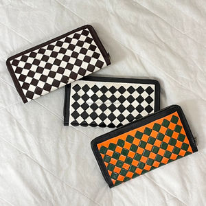 Handmade Genuine Cowhide Leather Zipper <b>Wallet</b> Black & White Checkered Pattern Long Clutch Card Holder Premium Western Style - Product Image 5