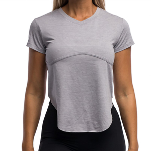 Camiseta de Mujer Roja de Color Sólido con Cuello en V, Ajustada, Informal, de Punto, de Secado Rápido, de Manga Corta, para Primavera/Verano, para Gimnasio - Product Image 4