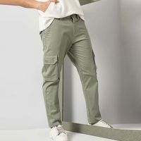 Celana Cargo Pria Warna Hijau Zaitun Model Lurus Trendi, Banyak Kantong, Bahan Katun Kanvas Kasual, Pinggang Sedang, Kancing, Pemasok OEM