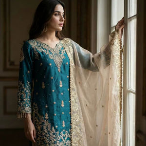 Ensemble Sharara en Soie Lourde pour Femme, Entièrement Cousu, avec Broderie de Sequins et Perles de 3mm, Idéal pour Mariages et Fêtes - Product Image 1