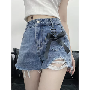 Shorts en jean mini taille haute pour femme, effet froissé, avec ruban, sexy, décontracté, moulant, chic - Product Image 1