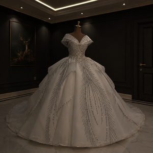 Vestido de Gala Real de Lujo Moderno con Hombros Descubiertos, Escote en V, Cintura Imperio, Adornado con Cristales, Lentejuelas y Bordados, con Sujetador Incorporado - Product Image 1