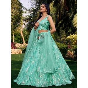 Merveilleux Turquoise Paillettes Net Réception Porter Lehenga Choli - Product Image 6
