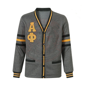 Cardigan universitaire unisexe gris Alpha Phi Fraternity avec bordure jaune, lettres grecques APA brodées, col en V, manches longues, pull pour homme - Product Image 1