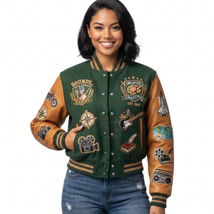 Chaqueta Varsity Corta para Mujer con Cuerpo de Lana y Mangas de Cuero, Estilo Urbano, Bordado y Parches de Chenilla - Product Image 5