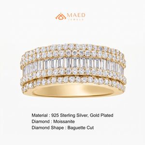Moissanite Engagement <b>Ring</b> Women Baguette Cut Wide Band Gold Plated 925 Sterling <b>Silver</b> Multi Row Luxury Statement Wedding - Product Image 6