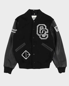 SHY SPORTS Custom OEM Asymmetric Varsity <b>Jacket</b> Black Grey Wool Split Color Leather Sleeve OC Patchwork <b>Bomber</b> Letterman <b>Jacket</b> - Product Image 1