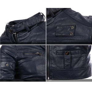 Chaqueta de Motocicleta para Hombre, con Cuello Alto, Resistente al Viento, Tallas S-3XL, Chaqueta de Cuero de Color Sólido con Cierre y Múltiples Bolsillos - Product Image 4