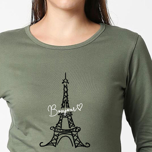Camiseta de manga larga para mujer, color verde oliva, con estampado de la Torre Eiffel, cuello redondo, corte ajustado, informal, de algodón. - Product Image 2