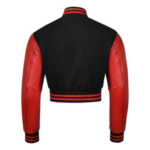 Women's <b>Quilted</b> Crop Varsity Jacket Genuine Leather Sleeve <b>Wool</b> Body Plain Dyed Letterman Wholesale Short Autumn Season - Product Image 3