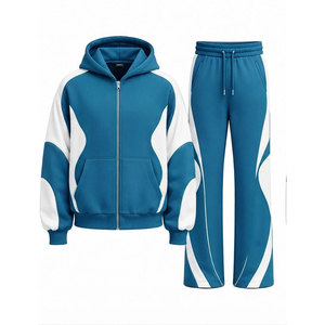 Custom Logo Blue White Color Blocking Tracksuit 100% Set Full <b>Zip</b> <b>Hooded</b> 450 Gsm Sweatshirt Pants - Product Image 1