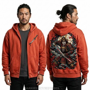 Sudadera con capucha estilo samurái japonés para hombre, con gráfico personalizado, cremallera, lavado ácido naranja, estilo urbano, forro polar, calidad de fabricante. - Product Image 1
