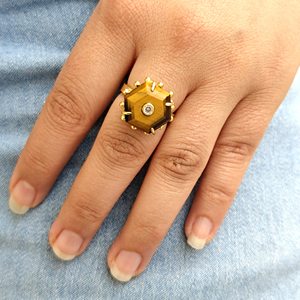 Best selling <b>ring</b> hexagon cut natural tiger eye <b>adjustable</b> <b>ring</b> solid brass 18k gold plated beaded designer prong setting <b>rings</b> - Product Image 4