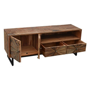 Meuble TV en bois massif recyclé fait main, réglable, unique, rayé, moderne, bas, multi-rangements, style ferme, pour la maison - Product Image 3