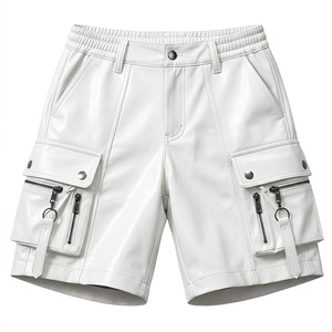 <b>White</b> Real Genuine Leather Cargo <b>Shorts</b> Custom Multi Zipper Pocket Elastic Waist <b>Biker</b> <b>Shorts</b> Wholesale High Quality <b>Shorts</b> - Product Image 1