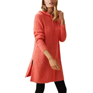 HD257179 OEM Damen 'Lofty Hooded Longline Pullover Damen bequeme entspannte flauschige Pullover gemütliche Drop-Shoulder-Strikotten Freizeitkleidung