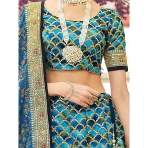 Astonishing Blue <b>Sequins</b> Work <b>Art</b> Silk Sangeet Wear Lehenga Choli - Product Image 3