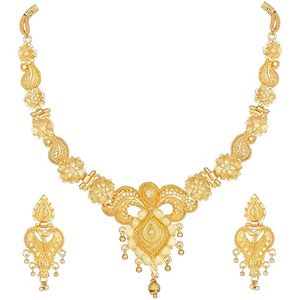 Ensemble collier et boucles d'oreilles en alliage plaqué or 24 carats, design floral classique pour femmes, bijoux de mariage, ensembles de bijoux tendance - Product Image 1