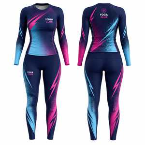 Yoga Club Women's 2 Piece Crew Neck Long Sleeve Yoga Set Full Length Mid Waist Gradient Color Spandex Breathable <b>Mesh</b> Seamless - Product Image 1