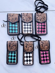 New Arrival Phone Purse Handbag Hand <b>Tooled</b> Carving <b>Leather</b> Bag Big Size Bag Checkers Pattern <b>Pouch</b> Unique Designer Sling Bag - Product Image 5