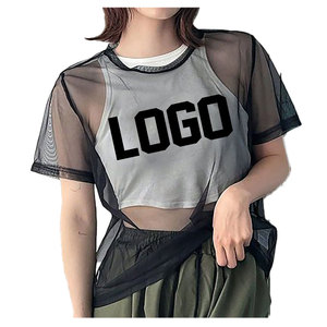 Women <b>Mesh</b> <b>Crop</b> <b>Top</b> Short Sleeve Neck Breathable Loose Fit Summer Solid Color Digital Printing Anti-Pilling Spandex/Cotton Front - Product Image 3