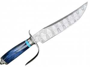 Herramienta Utilitaria de Acero de Damasco Hecha a Mano con Guardacuchillas Curvo Sub-Hilt y Mango de Resina Azul - Product Image 1