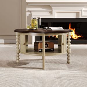 Tavolino da Caffè Rotondo Vintage Stile Mid-Century Moderno con Vano Portaoggetti, 77 cm, Tavolo da Cocktail per Soggiorno con Porta Scorrevole e Design a Doghe - Product Image 2