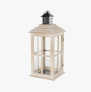 Wooden Candle <b>Lantern</b> Vintage Pillar Holder with Vented Metal Chimney Rustic <b>Hurricane</b> Lamp for Home Decor - Product Image 1
