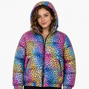 Rainbow Leopard Print Hooded Bomber Jacket <b>Men</b> Winter <b>Thick</b> <b>Fleece</b> Zipper Closure Streetwear Coat - Product Image 3