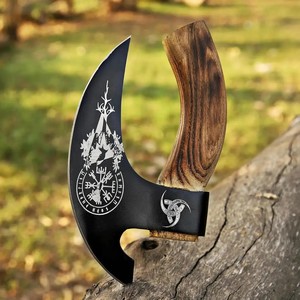 Hache à pizza industrielle forgée à la main, sur mesure, style viking, manche en bois, acier au carbone, 9 lames, étui en cuir - Product Image 4