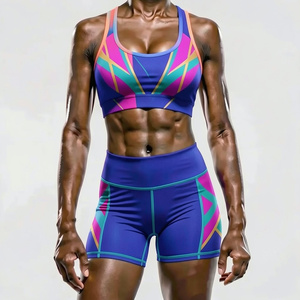 Geometric Print 2 Piece Yoga Set High Waist Shorts Racerback <b>Crop</b> <b>Top</b> Breathable Spandex Polyester - Product Image 2