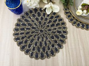 Set of Handmade placematbeaded table <b>placemat</b> Navy blue <b>gold</b> - Product Image 2
