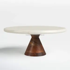 Présentoir à gâteaux rond en bois fabriqué à la main avec accents en pierre naturelle, présentoir de cuisine de style piédestal rustique pour la maison et les fêtes - Product Image 5