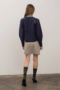 Pull en tricot bleu foncé avec découpes aux épaules, manches classiques, couleur unie, pull-over, mode automne pour femmes - Product Image 3