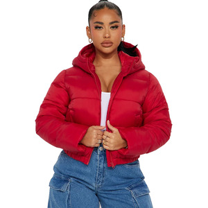 Chaqueta Acolchada Roja para Mujer, Cuello Alto Corto, Manga Larga, Cierre de Cremallera, Ropa de Invierno, Color Sólido, Abrigo de Poliéster Acolchado - Product Image 1