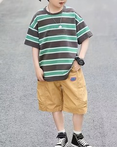 Boy's White Short Sleeve O-Neck Shirt Striped Contrast Trim Casual Regular Fit Breathable Eco-Friendly 180g Jersey Fabric - Product Image 3