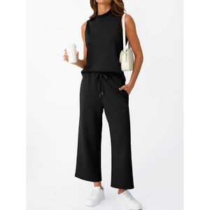 Women's XS Size 2-Piece <b>Mock</b> <b>Neck</b> Summer Tracksuit Set Sleeveless Tank <b>Top</b> & Wide Leg Crop Pant Matching Design 2027 - Product Image 4
