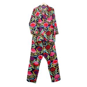 Conjunto de Pijama de 2 Piezas para Mujer, Hecho a Mano, de Lujo, Vintage, Romántico, Clásico, Floral, 100% Algodón, Mangas Largas, Cintura Alta, Suave y Liso - Product Image 1