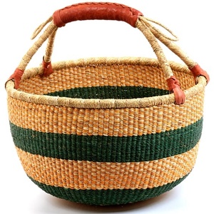 Cesta de Fibra Natural de Pasto Marino Barata al por Mayor para Exportación, Tejida con Rayas Verde Oscuro y Beige, para Cubrir Macetas y Decorar Contenedores - Product Image 2